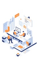 A flat vector illustration of several people working together on an advertising project, with documents and charts spread out around them