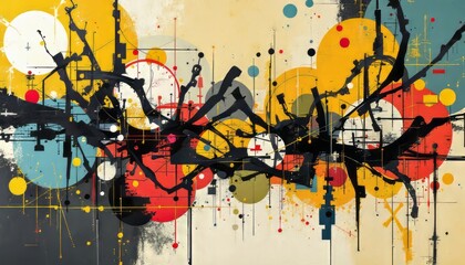 art line Cubism, with high-contrast structural colors, with a background in distressed and structured. Include irregular, organic shapes and lines to form a chaotic but visually intriguing composition