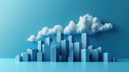 Obraz premium Stylized city skyline under a fluffy cloud, rendered in monochromatic blue tones against a solid background.