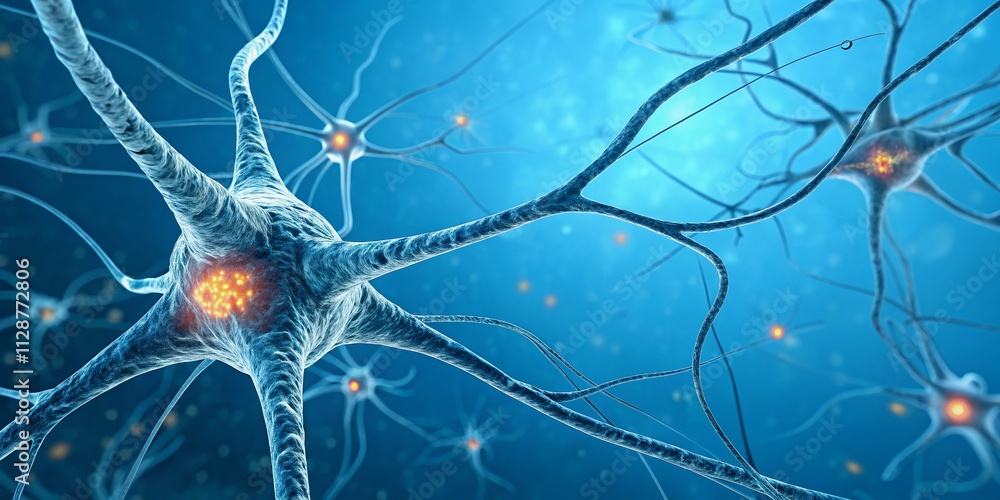 Poster captivating shining neuron cell on artistic blue background for scientific illustrations and modern 
