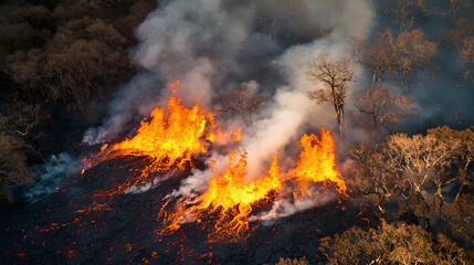 A close-up drone shot of lava bursting through a fissure with molten rock spraying high into the air.