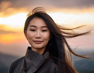 Fototapeta premium Confident Woman with Windswept Hair Against a Dramatic Sky