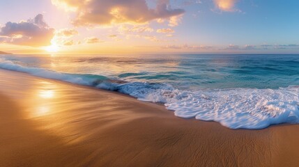 High-end photography of a secluded beach at sunrise, with soft waves, golden sand, and tranquil waters