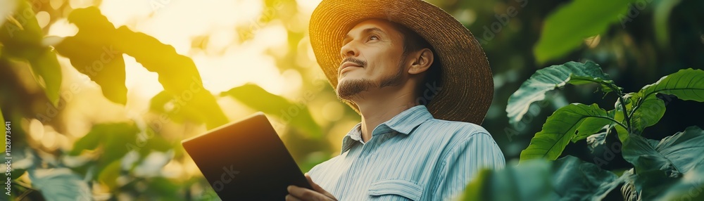 Poster A modern farmer using advanced agricultural technology on a tablet, controlling automated systems for smart farming, showcasing AI applications in plantation management