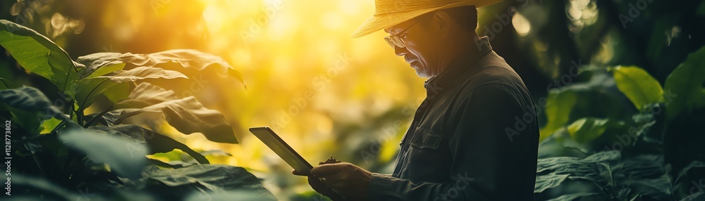 Aufkleber a modern farmer using advanced agricultural technology on a tablet, controlling automated systems fo