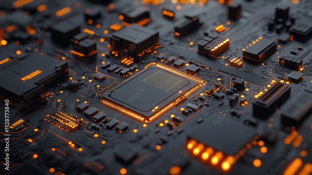 Poster close-up of a glowing central processing unit on a black circuit board