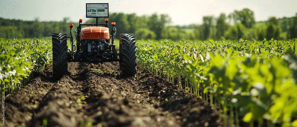 Aufkleber a smart farm where a farmer uses ai applications on a tablet to control automated systems, monitor s
