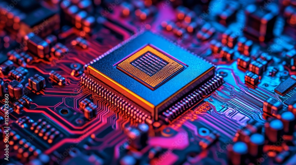 Poster close-up of a microchip on a circuit board