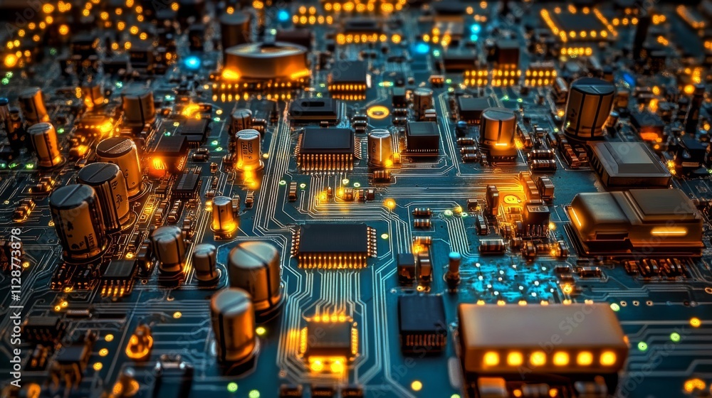 Poster close-up view of an illuminated circuit board with integrated components