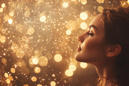 Female face in shiny gold glitter. Beautiful portrait of young woman for advertising makeup, cosmetics and procedures for skin and youth with space for text