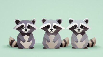 Obraz premium Three Adorable Cartoon Raccoons Sitting Together
