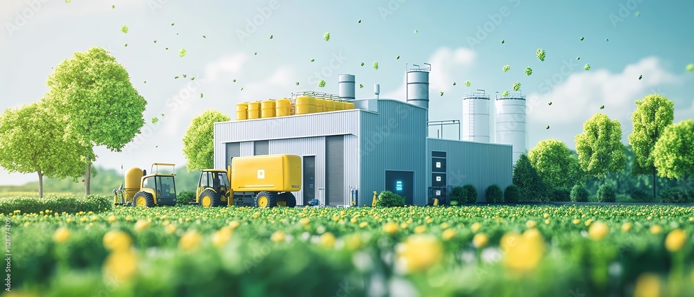 Poster A smart farm where a farmer uses AI applications on a tablet to control automated systems, monitor soil conditions, and enhance crop growth with modern agricultural innovation
