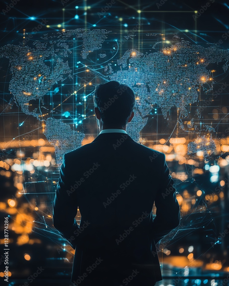 Poster a businessman accessing big data and digital marketing platforms, leveraging the internet for global