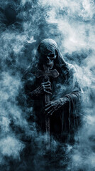 Scary horror grim reaper with scythe angle of death background