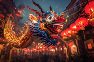 Fototapeta premium A colorful dragon is hovering in the air, surrounded by red lanterns and blurred crowds on both sides of the street at night.