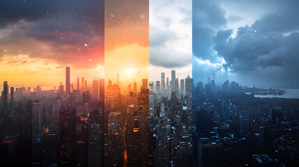 A conceptual image displaying cityscapes in four quadrants with different weather: bright sun rain thunderstorm and snow.