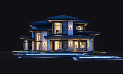 3d rendering of modern two story house with gray and wood accents, large windows, parking space in the right side of the building in night isolated on black