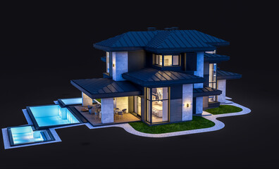 3d rendering of modern two story house with gray and wood accents, large windows, parking space in the right side of the building in night isolated on black