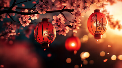 夜桜と提灯の幻想的な光景