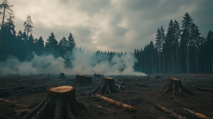 Desolation Aftermath Forest Fire Deforestation Smoky Trees Stumps  Cleared Land Environmental Disaster