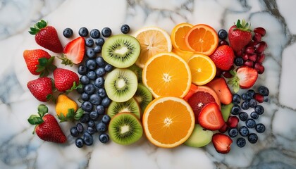 A vibrant rainbow arrangement of sliced fruits and berries on a marble surface