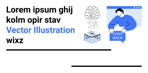 Depicts human brain with data, financial technology stack, and man holding tablet with cash back icon. Ideal for finance, technology, innovation, education, business, marketing, and e-commerce