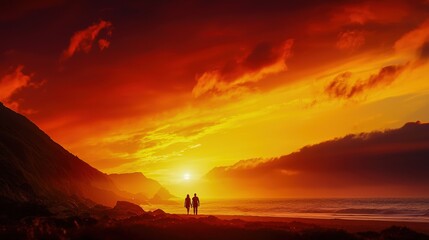 Obraz premium A stunning sunset beach scene with silhouettes of two people against vibrant skies and gentle waves.