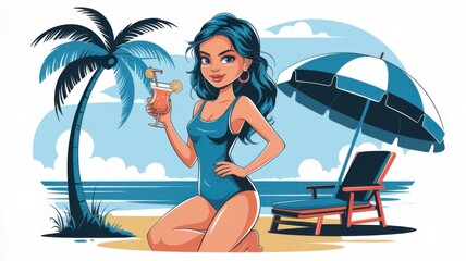 Vector illustration of a beautiful flirting young girl in a fashionable swimsuit with a cocktail in hand.