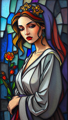 Stained glass.  Pattern to print for wall decorations, covers. Oil paint. Woman