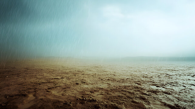 A desert landscape under clear skies with a sudden rainstorm creating a mirage.