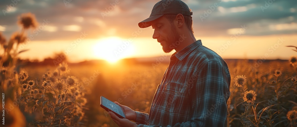 Leinwandbilder A farmer analyzing data on a digital device, controlling smart farming systems with AI, optimizing crop management and plantation processes through automation