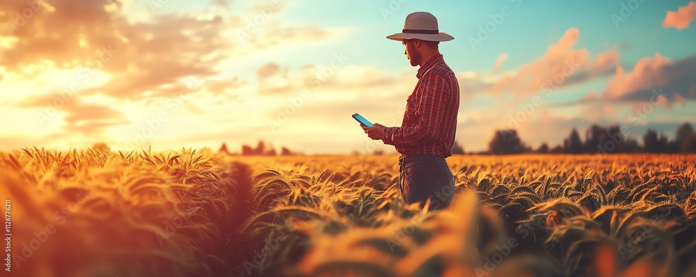 Poster a farmer in a hightech field, using agricultural apps on a smartphone to analyze data, control irrig