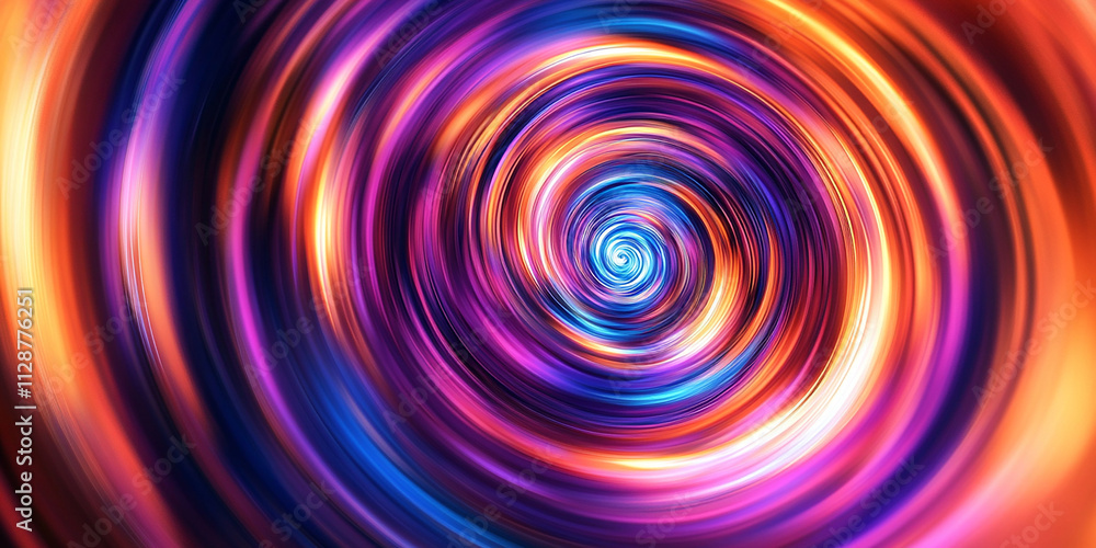 Poster a bright orange and purple circular pattern with an inner blue spiral, creating the illusion of move