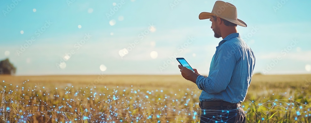 Poster a farmer in a hightech field, using agricultural apps on a smartphone to analyze data, control irrig