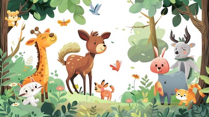 Naklejka premium A cartoon illustration of a group of animals in a forest.