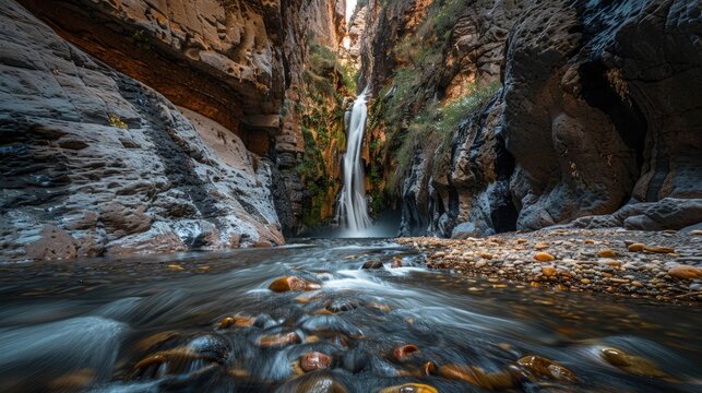 High-end photography of a secluded river gorge with steep rock walls and a flowing waterfall