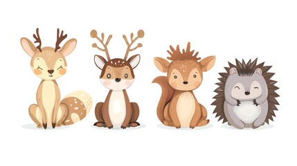 Naklejka premium A set of four cartoon animals: two deer and a hedgehog.