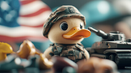 Naklejka premium Toy duck in military attire among playful battlefield scene