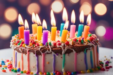 Close-Up Shot of Happy Birthday Cake with Colorful Burning Candles Festive Decorations with Sprinkle
