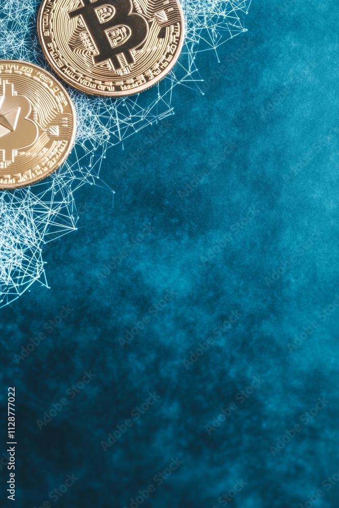Poster Futuristic Cryptocurrency Coins on Abstract Blockchain Network Background