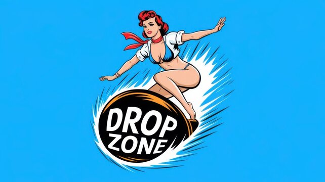 Vector illustration of a pin-up woman in a bikini riding a bomb like a surfer in vintage style