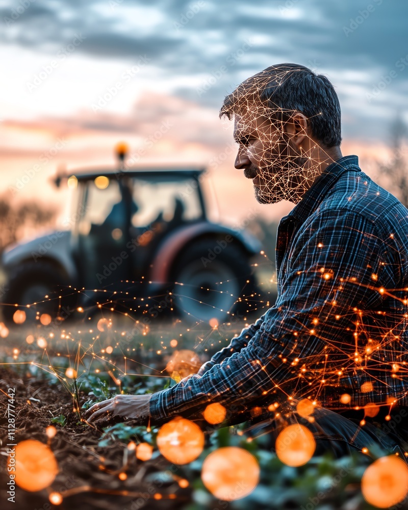 Leinwandbilder A farmer utilizing AI and farming applications to monitor crops, analyze data, and control automated agricultural systems, enhancing efficiency and sustainability in modern farming