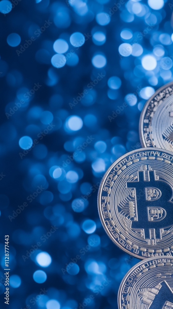 Poster dynamic cryptocurrency theme with bitcoin graphics on blue bokeh background