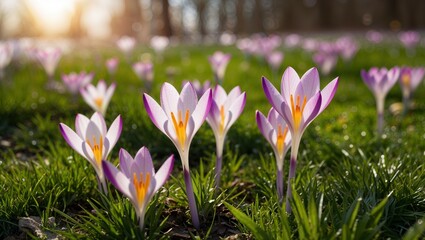 A vibrant crocus flower blooms in a spring meadow, showcasing nature's beauty in purple and yellow...