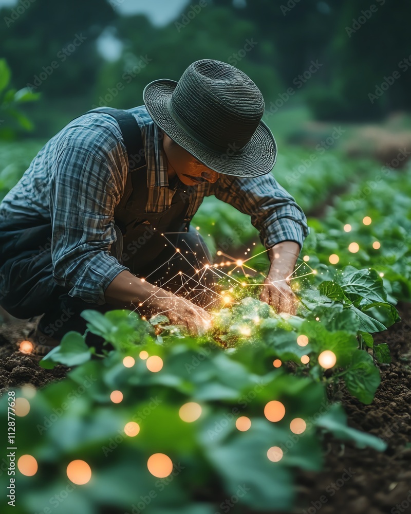 Aufkleber a farmer utilizing ai and farming applications to monitor crops, analyze data, and control automated