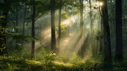 Obraz premium High-end photography of a serene forest with a misty morning atmosphere and sunlight breaking through the trees