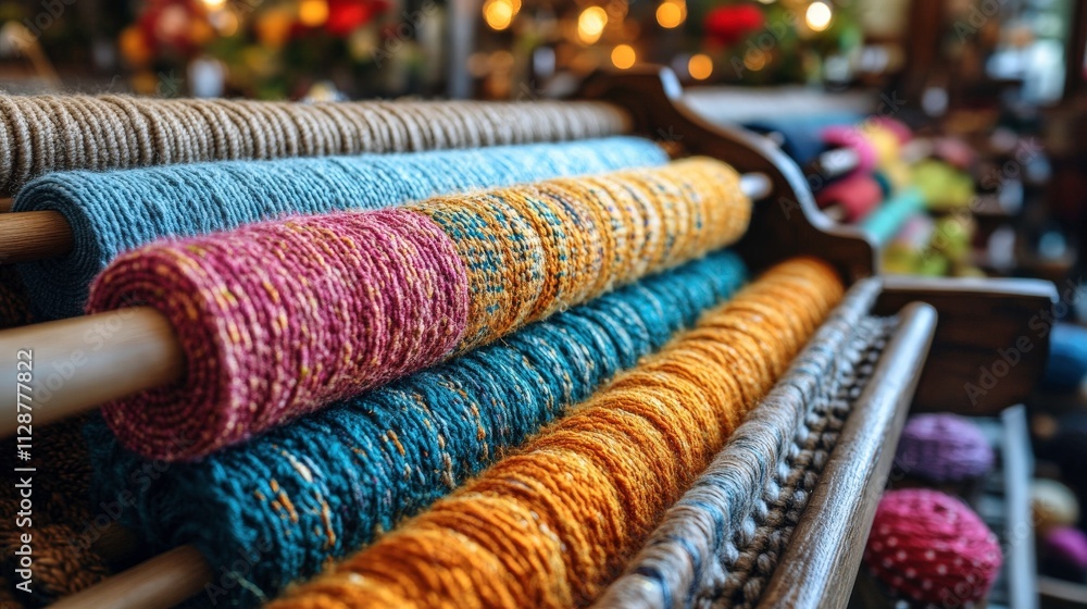 Poster vibrant spools of colorful yarn displayed in artisan workshop, showcasing textures and patterns for 