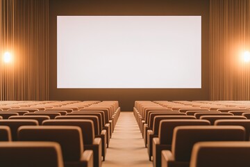 Fototapeta premium modern theater auditorium with rows of recliner seats and glowing aisle lights leading to large blank screen