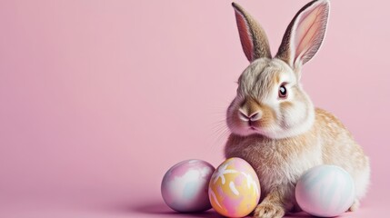 Easter bunny rabbit with painted egg on pink background Easter holiday concept