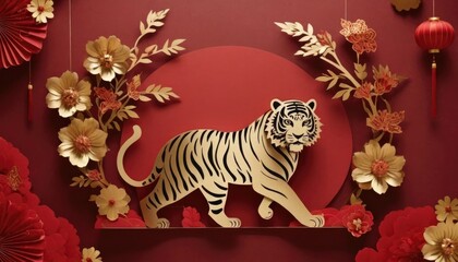 Chinese New Year 2025, Year of the Tiger, red and gold flower and Asian elements, paper cut with craft style on background.